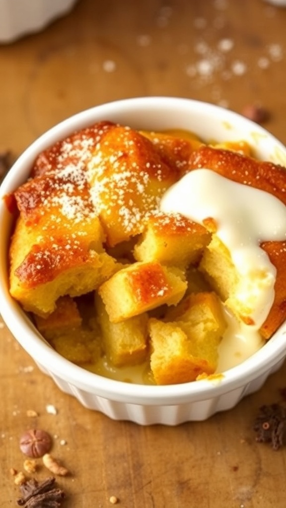 Classic Bread Pudding for Two A small dish of golden brown bread pudding garnished with powdered sugar and cream on a rustic table.